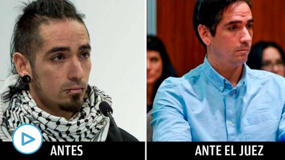 El asesino Rodrigo Lanza cuando se produjeron los hechos, a la izquierda, y este lunes ante el juez en la Audiencia Nacional de Zaragoza, derecha. Foto: Twitter