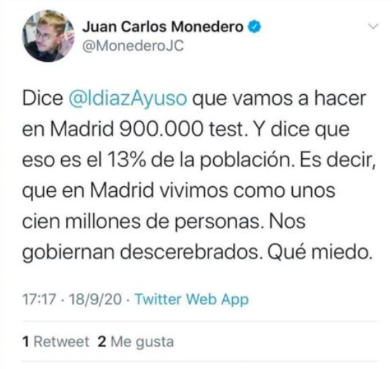 Juan Carlos Monedero suspenso en matemáticas: dice que Madrid tiene «70 millones de habitantes»