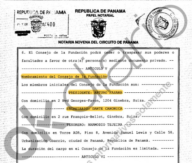 Escritura pública de constitución de la Fundación Lucum en los que figura el nombramiento de Dante Canonica y Arturo Fasana.