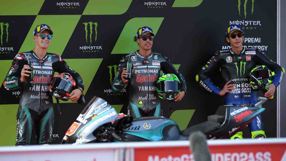 Morbidelli, Quartararo y Rossi durante la clasificación para el Gran Premio de Cataluña. (AFP)