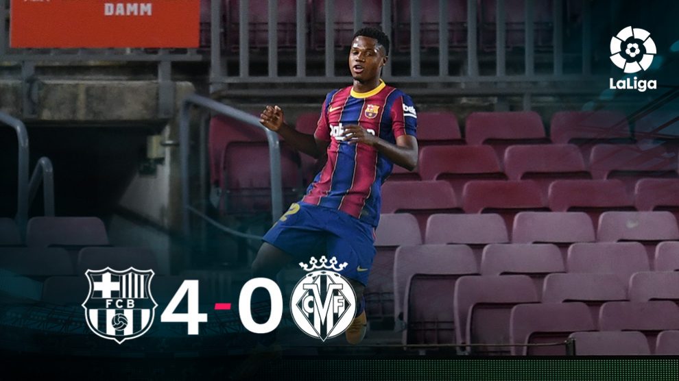 Ansu Fati celebra uno de sus dos goles.