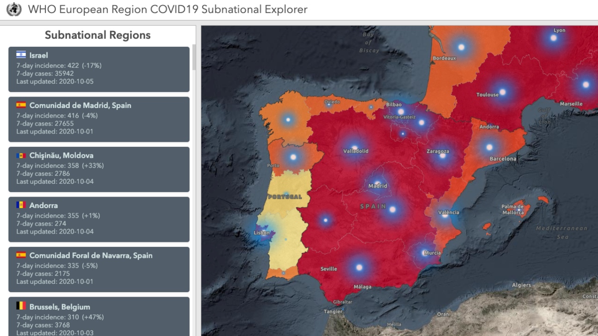 Mapa de la OMS de las regiones europeas, con Madrid registrando una caída de la incidencia del 4%.