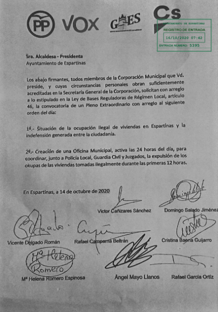 Escrito enviada a la alcaldesa socialista de Marchena.