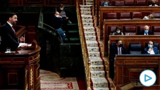 El líder de Vox, Santiago Abascal durante su intervención en la moción de censura de su partido al gobierno de coalición en el Congreso de los Diputados este miércoles. EFE/Mariscal