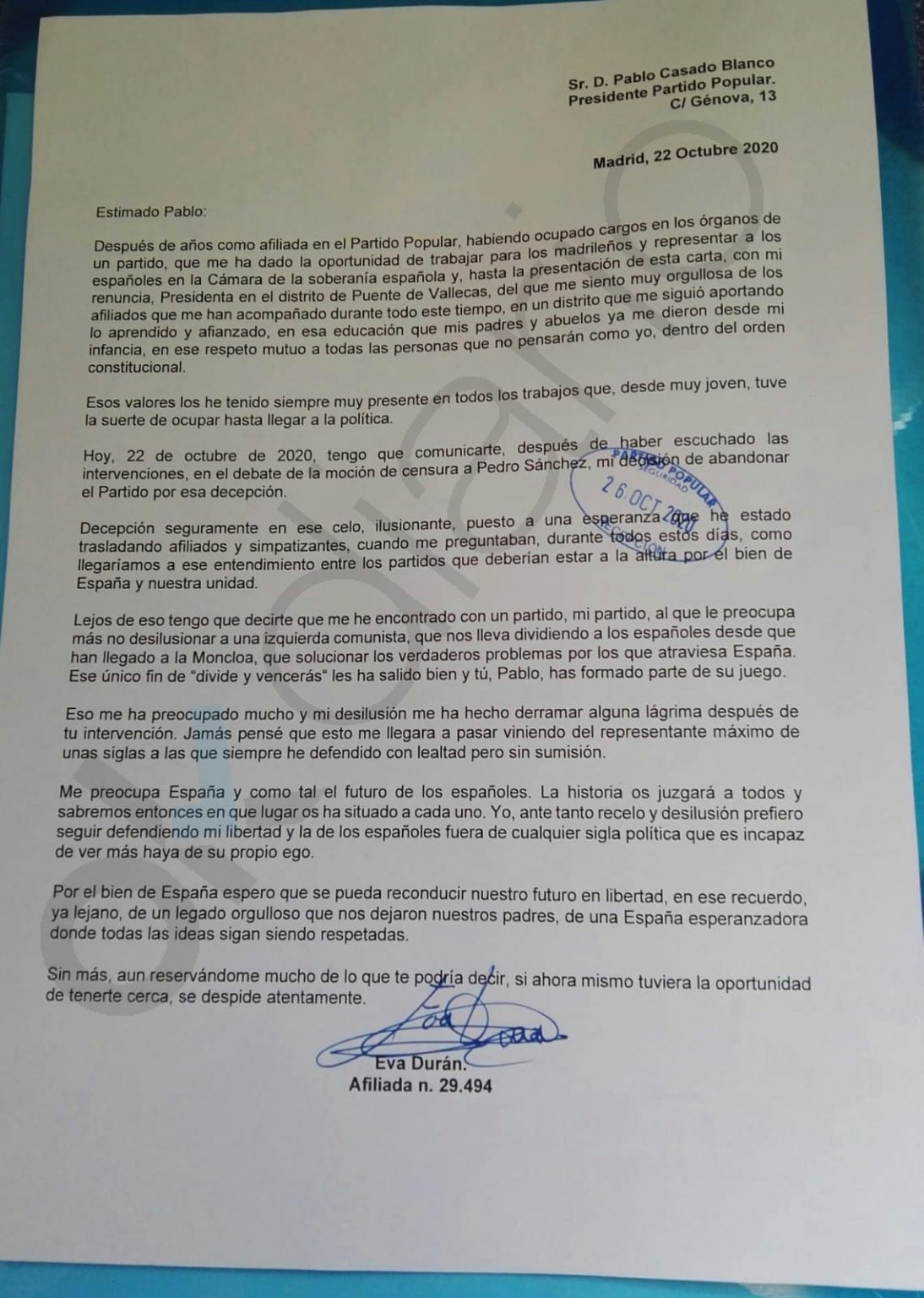 La presidenta del PP en Vallecas dimite en desacuerdo con el giro de Casado: «La historia os juzgará» Carta-de-dimision-de-eva-duran.-1094x1536