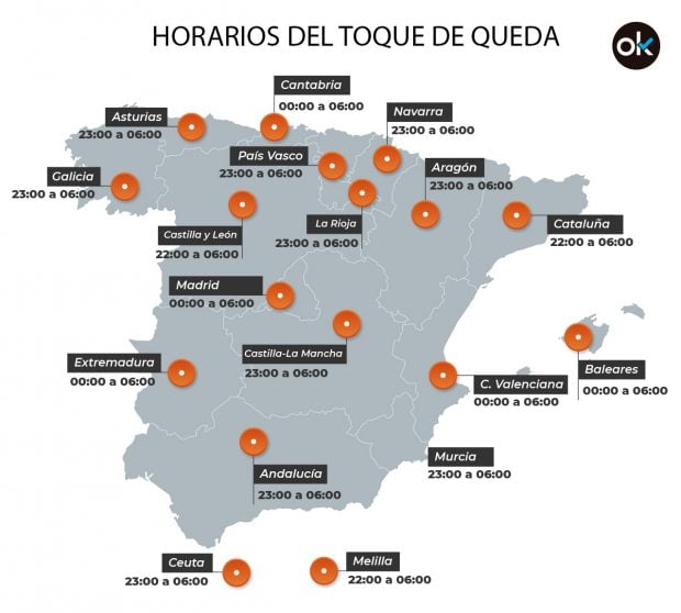 Mapa de los horarios del toque de queda en cada comunidad autónoma