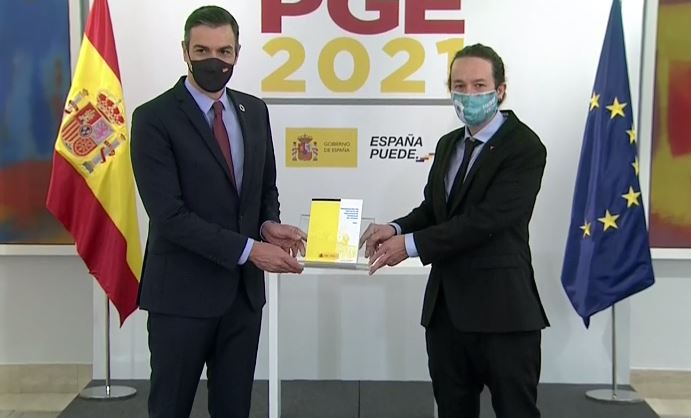 Sánchez e Iglesias, durante la presentación del proyecto de Presupuestos 2021