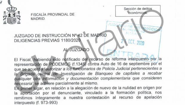 Escrito de la Fiscalía presentado al juez para que limite las investigaciones de la Policía en la causa de Podemos.