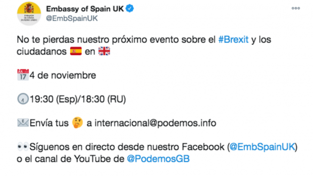 El PP pide a Exteriores que rectifique por «promocionar» a Podemos en la embajada de España en Londres