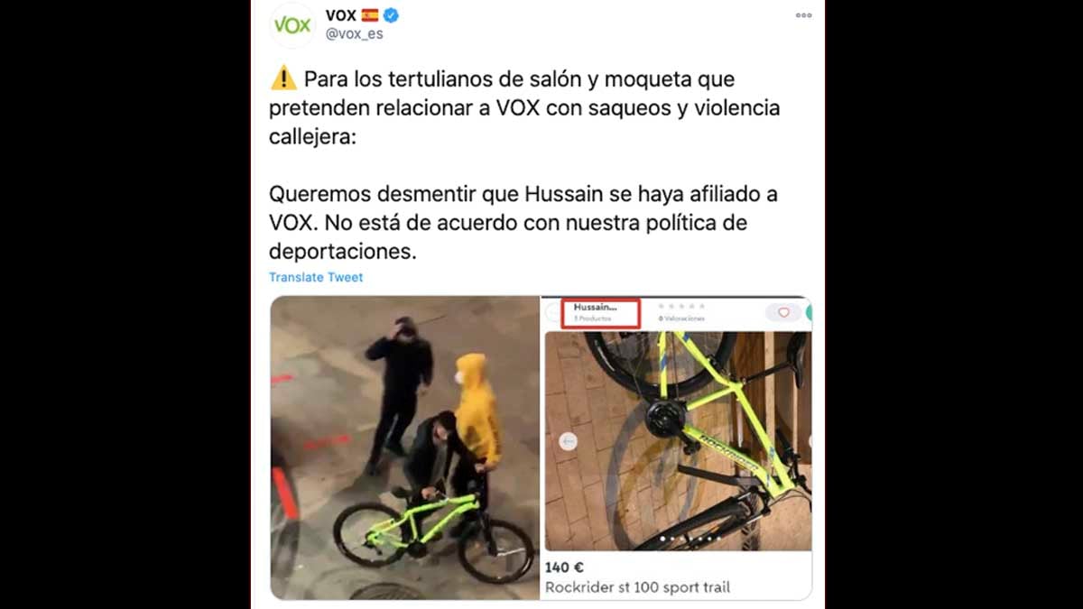 Tuit de Vox sobre los incidentes de Barcelona.
