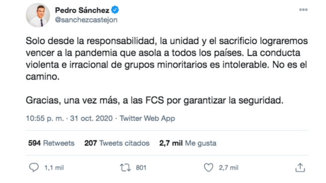 Pedro Sánchez pide que cesen los disturbios en toda España: «La violencia es intolerable, no es el camino»