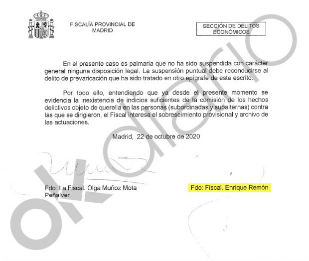 Escrito de la Fiscalía firmado por el fiscal Enrique Remón Peñalver.