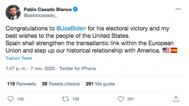 Casado y Arrimadas felicitan a Biden y apuestan por «reforzar los vínculos» entre EEUU y Europa