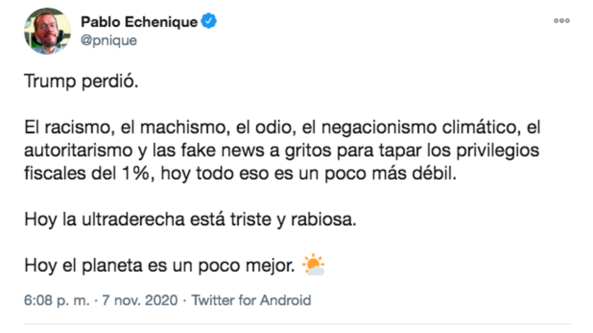 El mensaje publicado por el portavoz de Podemos en el Congreso de los Diputados, Pablo Echenique.