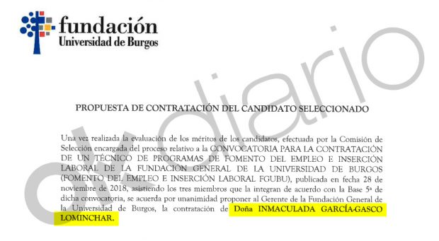 Acta de contratación de Inmaculada García-Gasco en la Fundación de la Universidad de Burgos.