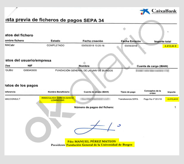 Orden de pago a Inmaculada García-Gasco firmada por su pareja, Manuel Pérez Martos, rector de la Universidad de Burgos. 