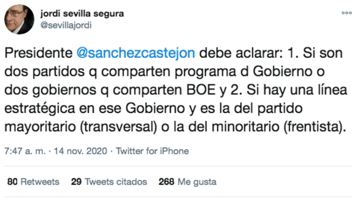 El mensaje publicado este sábado por el ex ministro Jordi Sevilla.