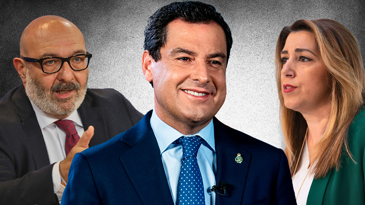 De izquierda a derecha, Alejandro Hernández (Vox Andalucía), Juanma Moreno (PP) y Susana Díaz (PSOE).