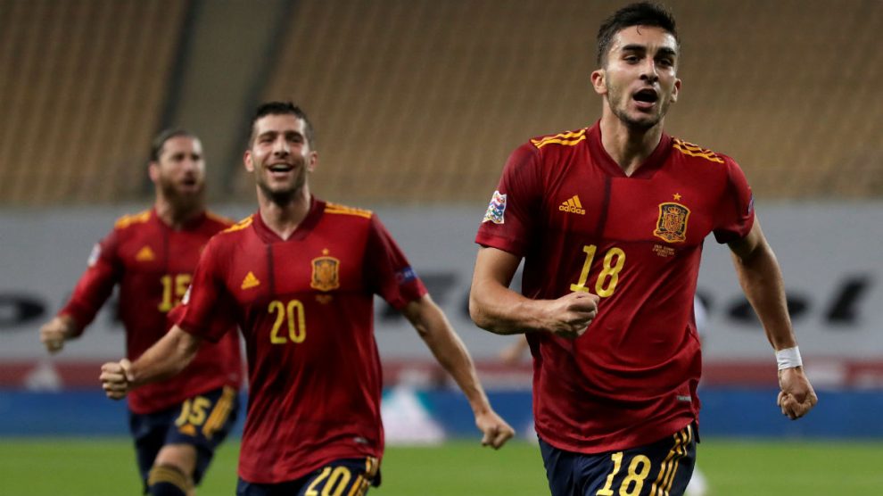 Ferran Torres celebra el 2-0 de España a Alemania. (EFE)