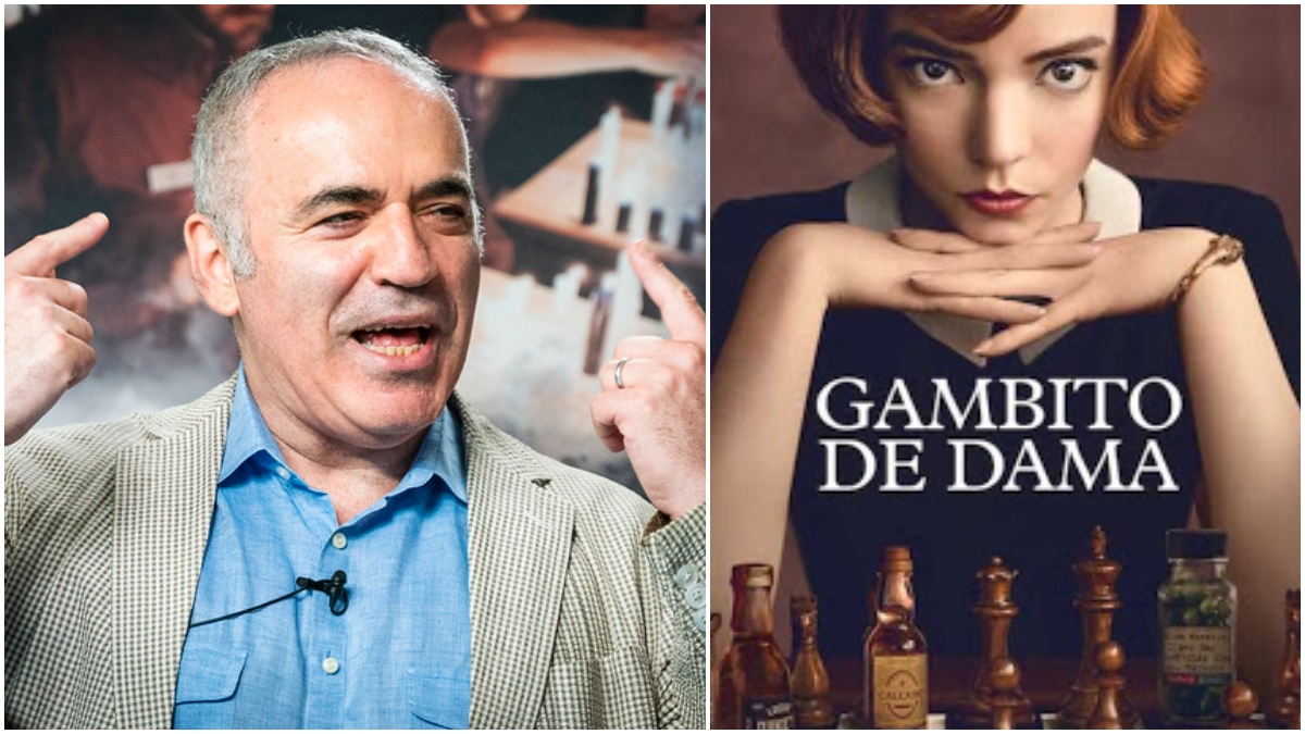 Garri Kasparov y el cartel de Gambito de dama.