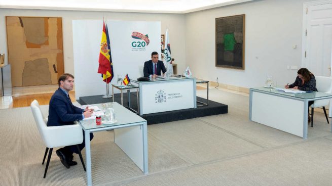Pedro Sánchez en la reunión telemática del G20