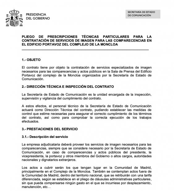 Sánchez prevé gastar 80.000 € en un «servicio de imagen» para sus comparecencias en La Moncloa