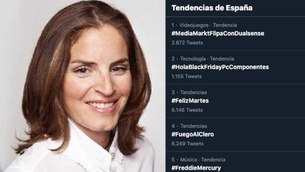 La CEO de Twitter en España, Nathalie Picquot, junto a las tendencias donde #FuegoAlClero ocupa el cuarto lugar.