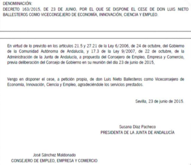 Renuncia de Luís Nieto Ballesteros, autorizada por Susana Díaz.