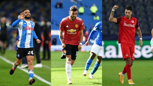 Insigne, Bruno Fernandes y Dominik Szoboszlai. (Getty)