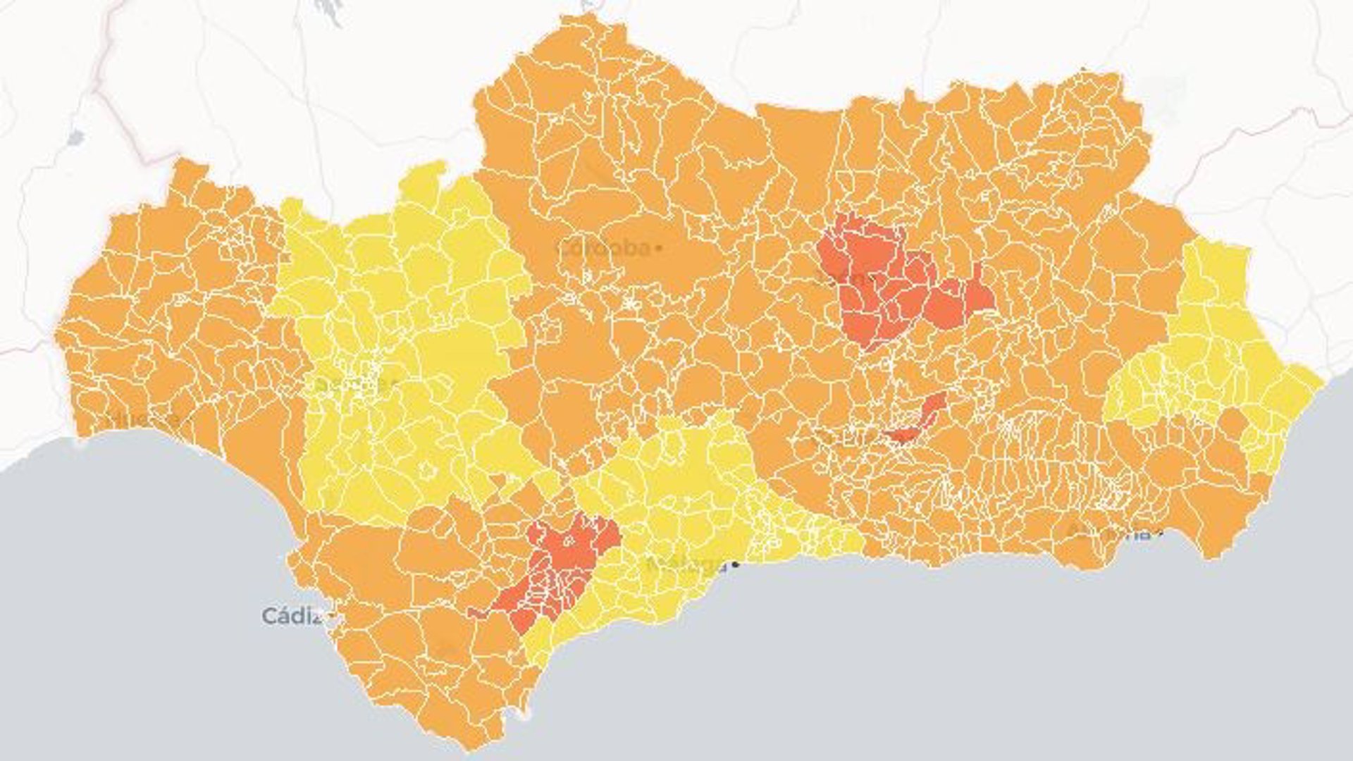 Mapa de Andalucía con el nivel de alerta Covid por municipios vigente desde el 18 de diciembre de 2020.