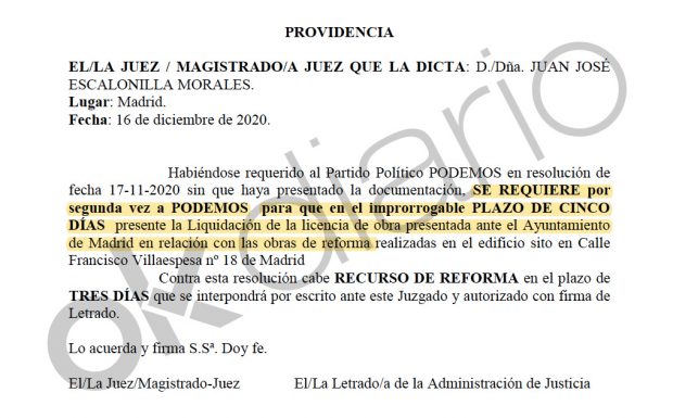 Providencia del juez Juan José Escalonilla