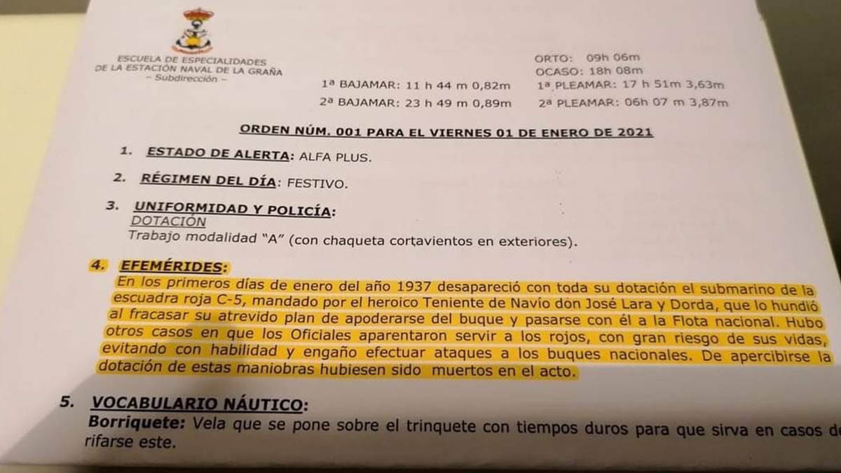 Orden del día 1 de enero de 2020 de la Escuela Naval de la Armada en Ferrol, que lleva en sus ‘efemérides’ el hundimiento de un submarino de la «escuadra roja».