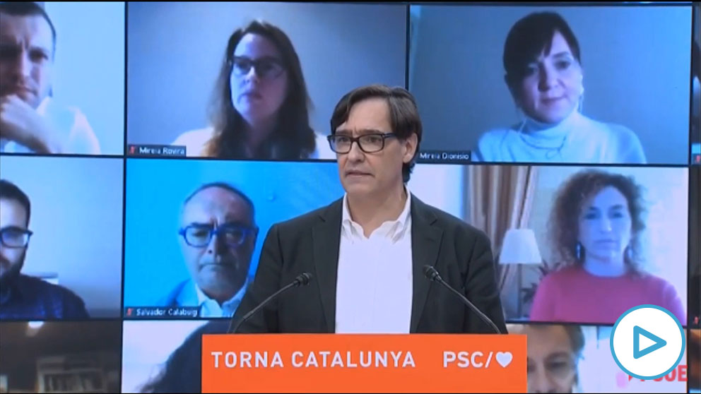 El ministro de Sanidad y candidato del PSC a la Generalitat, Salvador Illa, este domingo en un acto de precampaña. (Foto: EP)