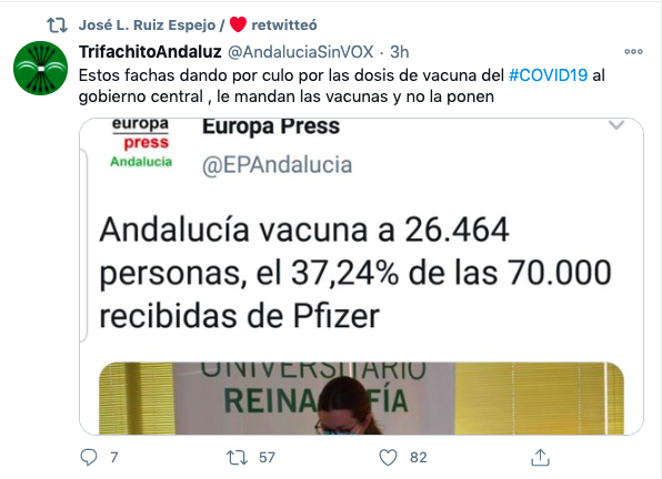 El retuit del secretario general del PSOE de Málaga: «Los fachas dando por culo por las dosis de vacuna»