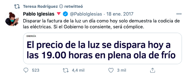 Teresa Rodríguez dispara con un tuit de Iglesias de 2017: «Gobierno que consiente subidas de luz: cómplice»