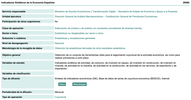 La propia web del INE detalla que el Ministerio de Asuntos Económicos se ha comprometido a que la publicación de la estadística de Indicadores Sintéticos es anual.