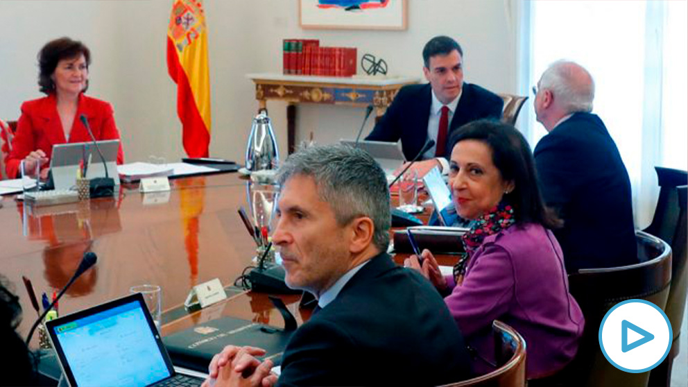 Fernando Grande-Marlaska en un Consejo de Ministros con Pedro Sánchez al fondo