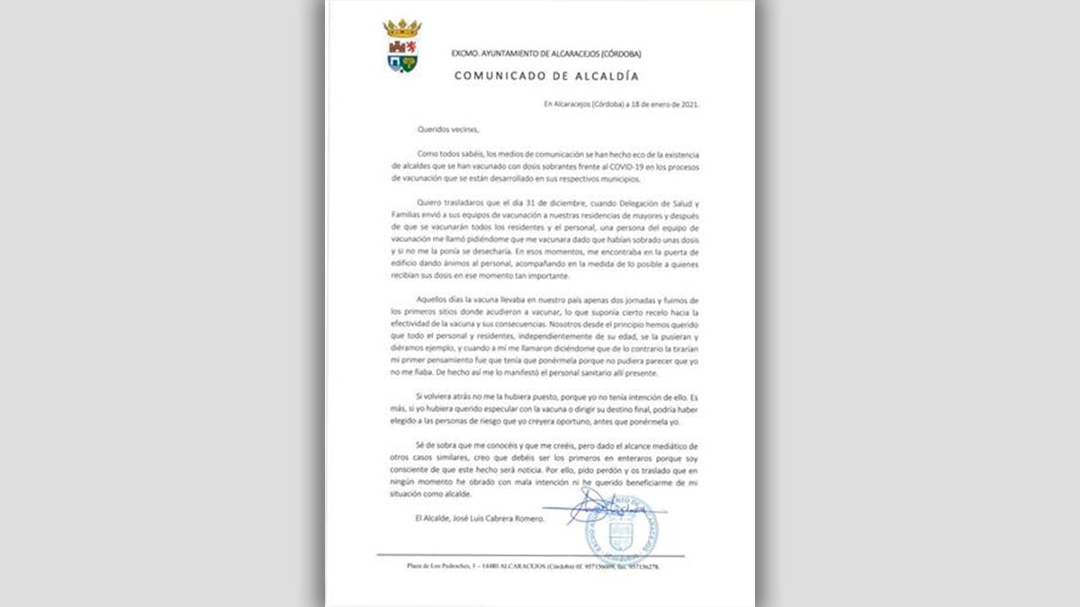 La carta del alcalde de Alcaracejos (Córdoba), José Luis Cabrera (PSOE).