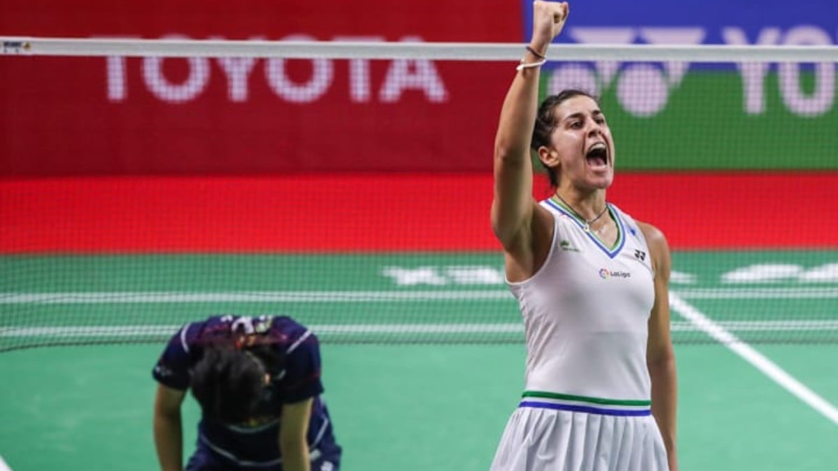 Carolina Marín celebra la victoria en las semifinales del Super 1000. (@carolinamarin)