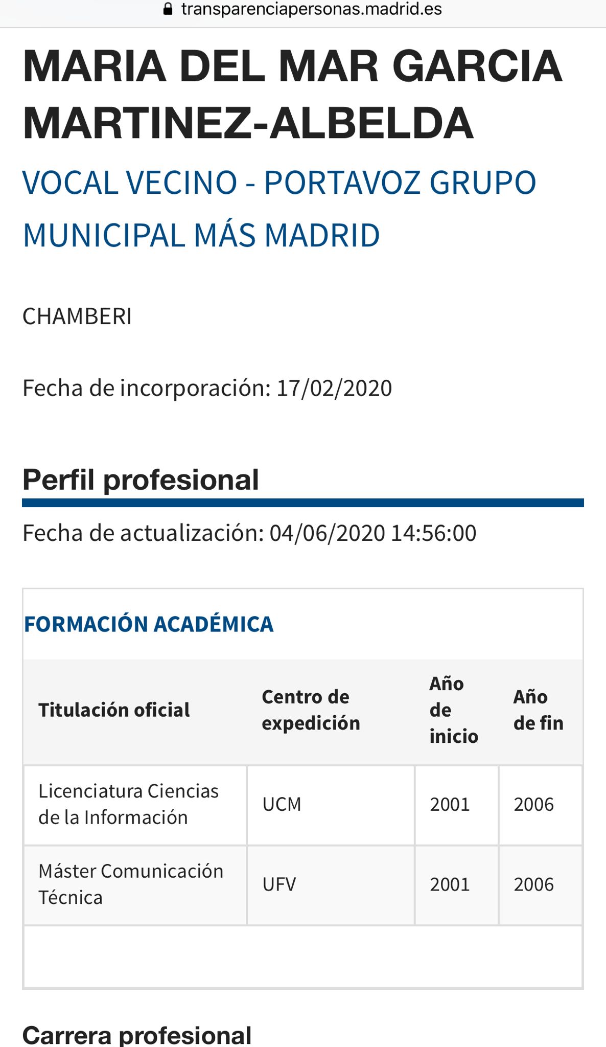 Perfil de Mar García en el Ayuntamiento de Madrid.