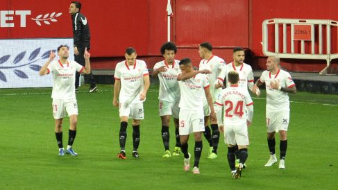 El Sevilla celebra un gol de Munir. (AFP)