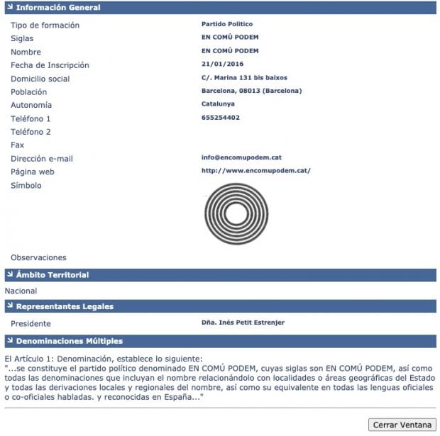 Ada Colau inscribió la marca En Común Podem en el Registro de Partidos del Ministerio del Interior el 21 de enero de 2016 