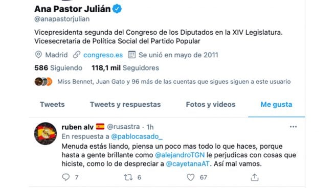 Ana Pastor retuitea y le da ‘me gusta’ a un tuit crítico con Pablo Casado: «Menuda estás liando»