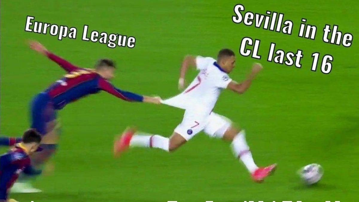 Meme que hizo del Sevilla sobre la famosa jugada de Piqué y Mbappé. (@SevillaFC_ENG)