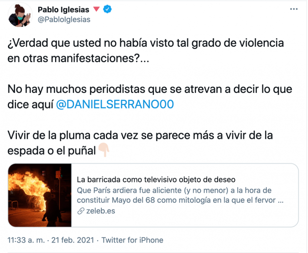 Iglesias no condena la violencia pro-Hasél y además comparte un artículo que dice que se «exagera»