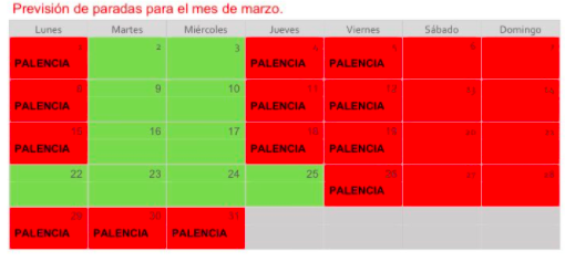Calendario paradas factoría Palencia