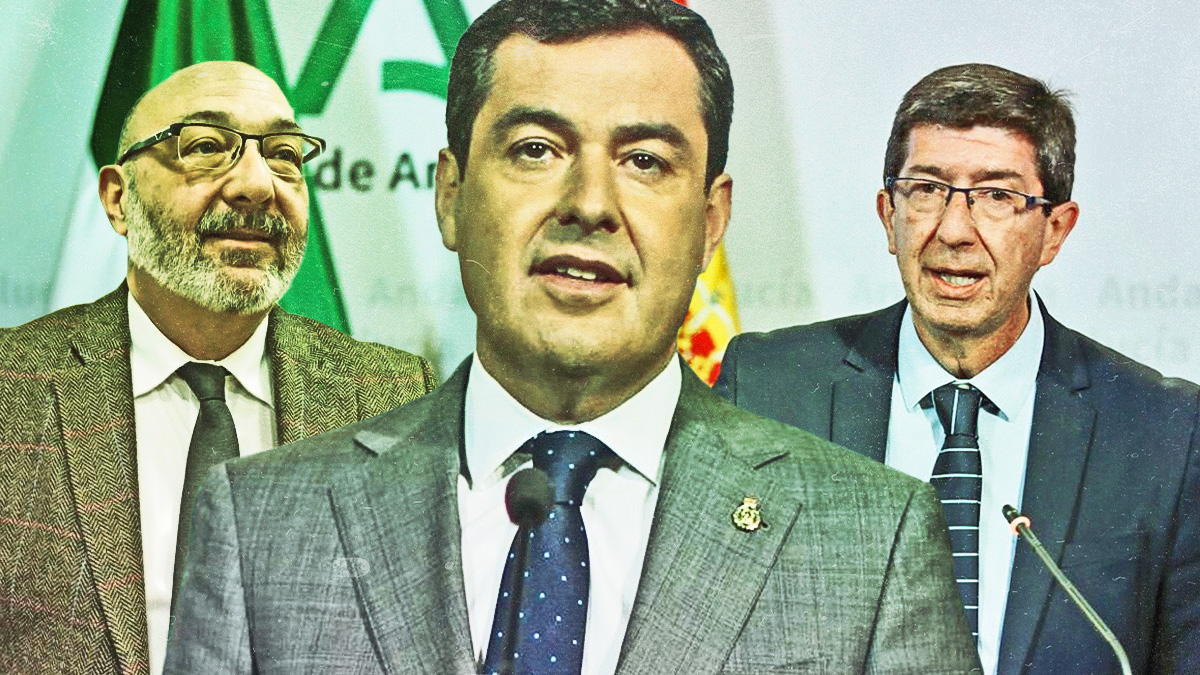 Los líderes de Vox, PP y Cs en Andalucía, Alejandro Hernández, Juanma Moreno y Juan Marín, respectivamente.