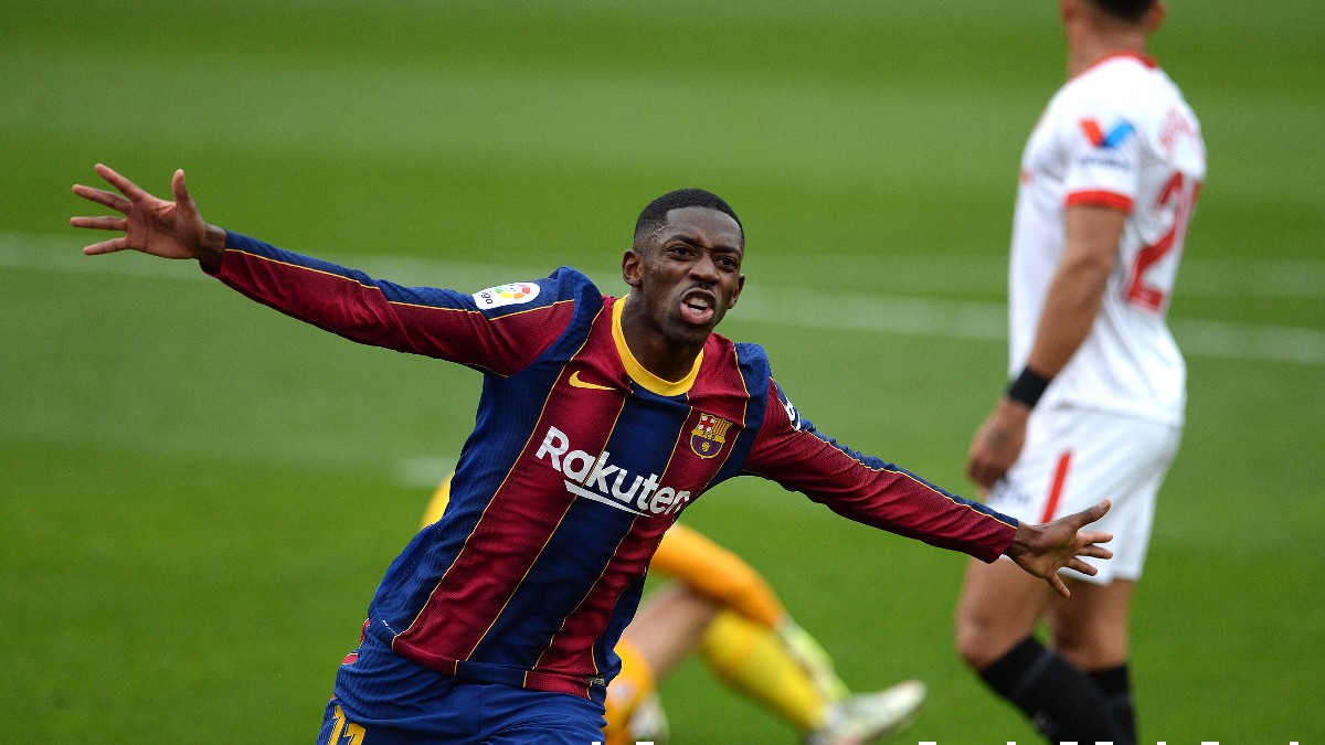 Ousmane Dembélé celebra su gol en el Sevilla-Barcelona. (Getty)