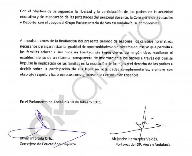 Documento firmado entre Vox y la Junta de Andalucía en materia educativa.