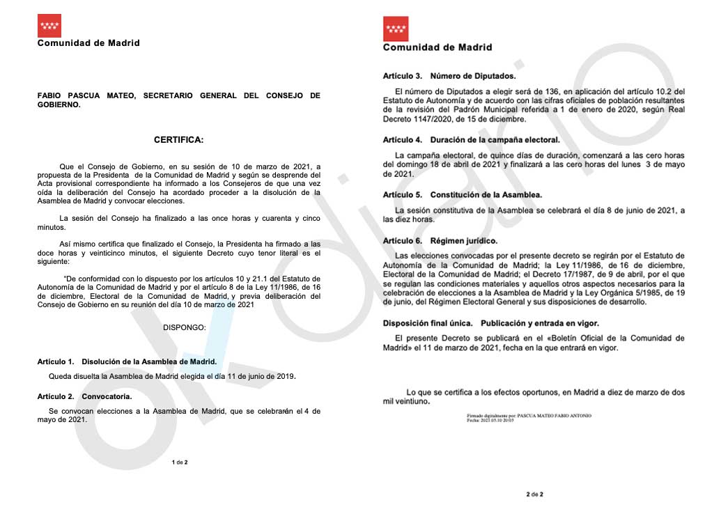Éste es el certificado que prueba que Ayuso convocó elecciones antes de las mociones de censura Ayuso